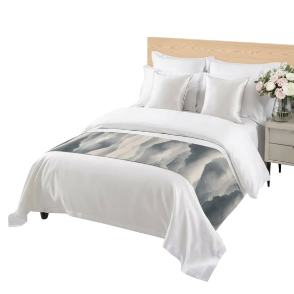 Mountain Peak Bed Runner Twin Size Modern Mist Gray Ink Wash Gradient Fog Country Soft Bed Scarf for Foot of Bed, Decorative Bedding Scarf Protection for Hotel Home Bedroom 71 x 20 Inch