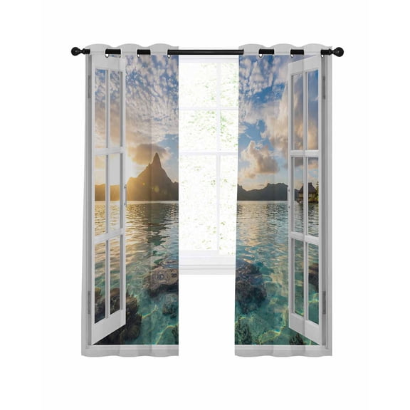 Mountain Peak Blackout Curtains for Bedroom Living Room, Summer Tropical Casement Window Sunset Sky Aqua 39 In Long Thermal Insulated Room Darkening Drapes Grommet Window Treatments, 27.5 x 39 In