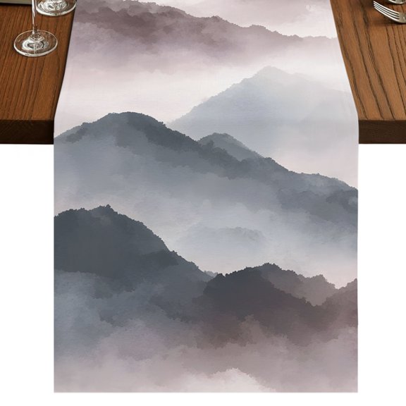 Mountain Peak Burlap Cotton Table Runner 13x48 Inches Long, Black Gray Mist Zen Modern Fantasy Farmhouse Table Runners, Outdoor Dining Table Decor for Baby Shower/Party/Wedding