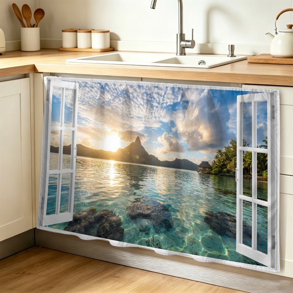 Mountain Peak Cabinet Curtain, Summer Tropical Casement Window Sunset Sky Aqua Sink Skirt for Bathroom, Under Sink shelf Curtain Privacy Drape for Kitchen Laundry Room 28x51in