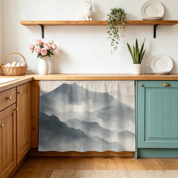 Mountain Peak Cabinet Curtains 28" W x 35" L, Modern Mist Gray Ink Wash Gradient Fog Country Under-Desk Privacy Dust Proof Drape Dishwasher Curtain Sink Skirt for Kitchen Closet Bathroom Laundry