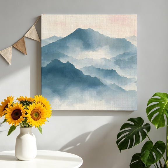Mountain Peak Canvas Wall Art for Living Room, Modern Mist Teal Blue Ink Wash Gradient Fog Country Poster Print Painting for Bedroom Office Home Decoration Wall Pictures Prepare To Hang 12"x12"