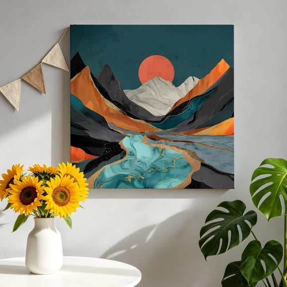Mountain Peak Canvas Wall Art, Mid-century Landscape Nature Teal Orange Gray Rock River Framed Canvas Wall Decor Picture Print Artwork Decorations for Living Room Office Ready to Hang 8" x 8"