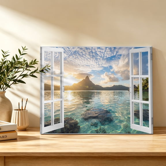 Mountain Peak Canvas Wall Art, Summer Tropical Casement Window Sunset Sky Aqua Wall Art Prints Artwork Framed Canvas Ready to Hang Art Pictures for Bathroom Bedroom Entry Desk Corner 10" x 8"