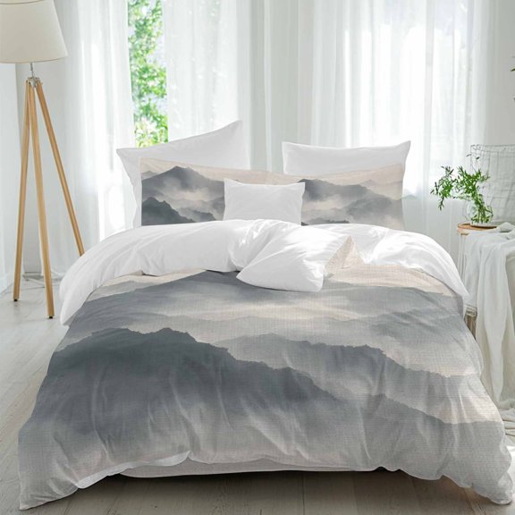 Mountain Peak Comforter Set Twin Size, Modern Mist Gray Ink Wash Gradient Fog Country Soft Bedding Set for Man Woman, 4 Pieces Duvet Cover Set with Fitted Sheet, 2 Pillowcases