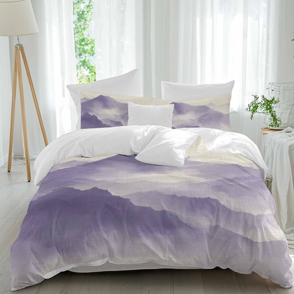 Mountain Peak Comforter Set Twin Size, Modern Mist Purple Ink Wash Gradient Fog Country Soft Bedding Set for Man Woman, 4 Pieces Duvet Cover Set with Fitted Sheet, 2 Pillowcases
