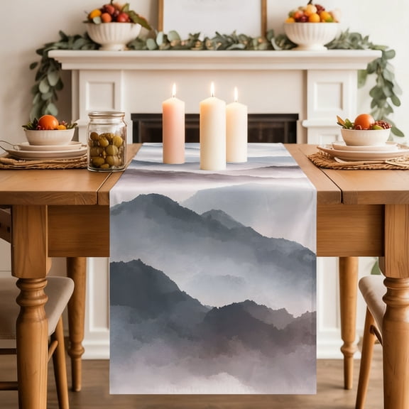 Mountain Peak Dining Table Runner, Modern Mist Gray Black Gradient Fog Country Washable Table Runners Kitchen Coffee Table Center Decor for Home Party Holiday Wedding 13 x 36 Inches