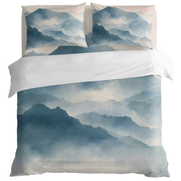 Mountain Peak Duvet Cover Set Queen Size, Modern Mist Teal Blue Ink Wash Gradient Fog Country 4 Piece Bedding Set with Zipper Closure & Corner Ties Soft Breathable Comforter Cover for Bedroom