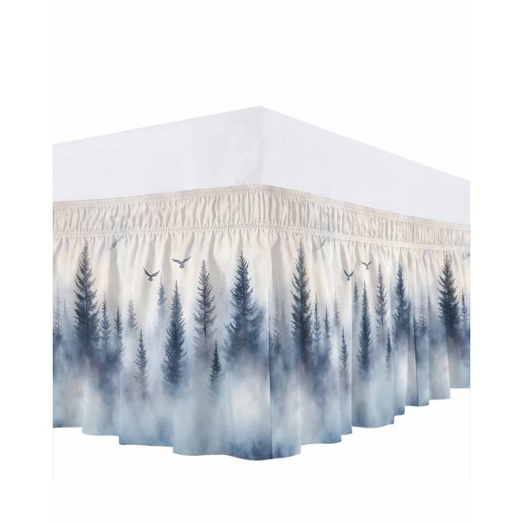 Mountain Peak Forest Bed Skirt Silhouette Tree Birds Bed Skirts Queen Size 16 Inch Drop, Wrap Around Dust Ruffle Bedskirt with Adjustable Elastic Belt for Queen Size Beds