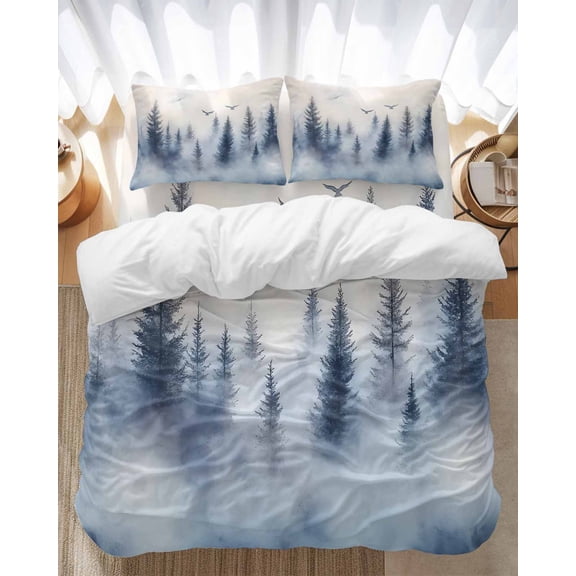 Mountain Peak Forest Bedding Duvet Cover Set Full Size 4 Pieces Silhouette Tree Birds Bedding Set with Zipper Closure, 1 Comforter Cover 86x86 Inches 1 Flat Sheet & 2 Pillow Cases