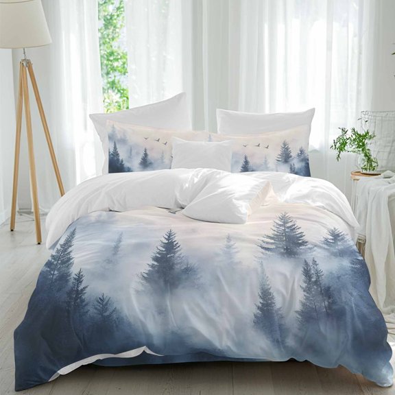 Mountain Peak Forest Comforter Set Twin Size, Silhouette Tree Bird Soft Bedding Set for Man Woman, 4 Pieces Duvet Cover Set with Fitted Sheet, 2 Pillowcases
