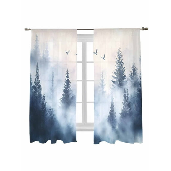 Mountain Peak Forest Sheer Curtains 72 inches Long 2 Panels Set Silhouette Tree Bird Sheer Window Curtain Rod Pocket Voile Drapes for Living Room/Bedroom, Each 52" W x 72" L