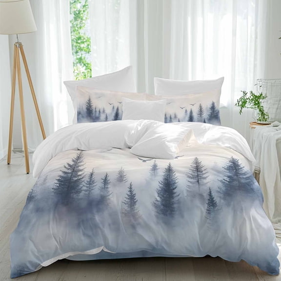 Mountain Peak Forest Twin Duvet Cover Set, Silhouette Tree Birds 4 Piece Microfiber Bedding Set with Zipper Closure, Bed Sheet and 2 Pillow Shams, Soft Bedding Cover