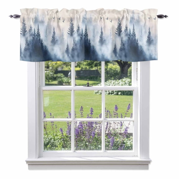 Mountain Peak Forest Valances for Windows, Silhouette Tree Bird Valance Window Treatment Rod Pocket Short Curtains Valances for Kitchen Bathroom 42"W x 12"L