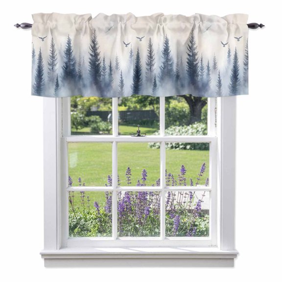 Mountain Peak Forest Valances for Windows, Silhouette Tree Birds Valance Window Treatment Rod Pocket Short Curtains Valances for Kitchen Bathroom 42"W x 12"L