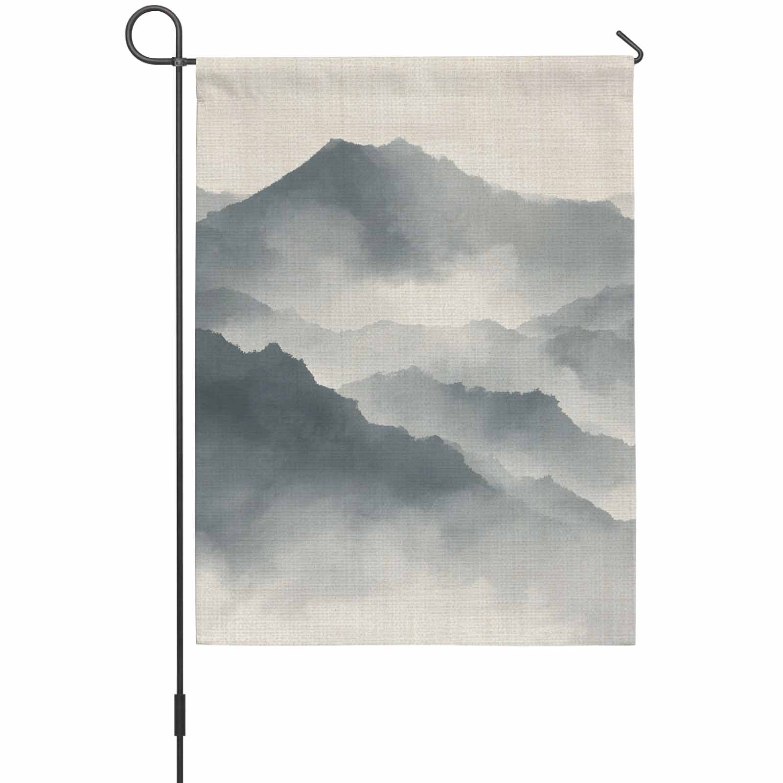Mountain Peak House Flag 28 x 40 Inches, Modern Mist Gray Ink Wash Gradient Fog Country Weather Proof Outdoor Patio Flags Double Sided Small House Decoration for Yard Lawn Outside Home