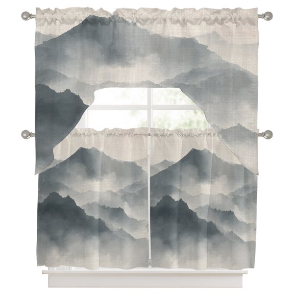 Mountain Peak Kitchen Curtains Swag Valance and Tier Curtains Set 36 Inch Length, Gray Beige Mist Zen Modern Fantasy Rod Pocket Drape Panels Pair Swag Curtains for Bathroom/Cafe/Window