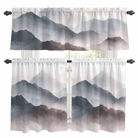 Mountain Peak Kitchen Curtains and Valances Set, Modern Mist Gray Black Gradient Fog Country Rod Pocket Window Valance Window Curtain Panels for Living Room Bedroom Laundry, 27.5x24in, 3 Pieces