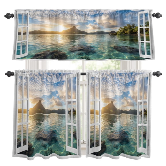 Mountain Peak Kitchen Curtains and Valances Set, Summer Tropical Casement Window Sunset Sky Aqua 3 Piece Curtains Valances and Tiers Set Rod Pocket for Kitchen Bathroom Windows 36 Inch