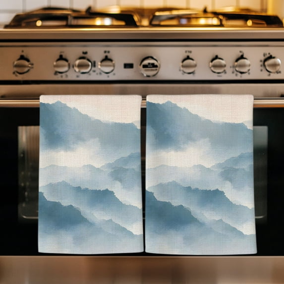 Mountain Peak Kitchen Towels Set of 2, Blue Beige Mist Zen Modern Nature Fantasy Absorbent Dish Towels for Kitchen, Microfiber Hand Towel, Quick Drying Tea Towel for Cleaning Decorative Dishcloths