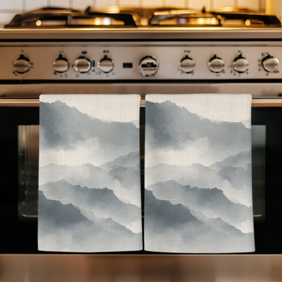 Mountain Peak Kitchen Towels Set of 2, Gray Beige Mist Zen Modern Fantasy Absorbent Dish Towels for Kitchen, Microfiber Hand Towel, Quick Drying Tea Towel for Cleaning Decorative Dishcloths