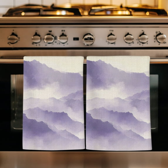 Mountain Peak Kitchen Towels Set of 3, Purple Beige Mist Zen Modern Nature Fantasy Absorbent Dish Towels for Kitchen, Microfiber Hand Towel, Quick Drying Tea Towel for Cleaning Decorative Dishcloths