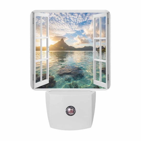 Mountain Peak Night Lights, Summer Tropical Casement Window Sunset Sky Aqua Smart Auto Dusk to Dawn Sensor Nightlights Plug-in Nightlight for Bedroom Bathroom Living Room Kitchen Hallway