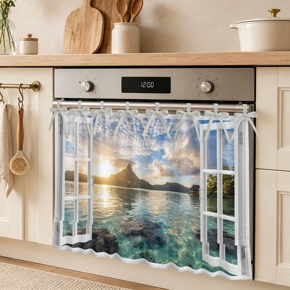 Mountain Peak Oven Skirt Curtain, Summer Tropical Casement Window Sunset Sky Aqua Tie Top Tier Curtains Stove Dishwasher Skirt Small Window Drapes for Kitchen Bathroom Cafe 30"x21.5"