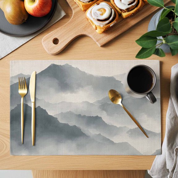 Mountain Peak Placemats Set of 6, Modern Mist Gray Ink Wash Gradient Fog Country Heat Insulated Linen Place Mats, Washable Stain-Proof Table Mats for Dining Tables Holiday Decor 13x19 Inches