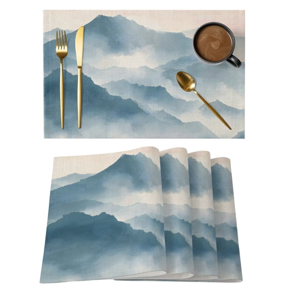 Mountain Peak Placemats Set of 8 Blue Beige Mist Zen Modern Nature Fantasy Place Mats Indoor Wipeable Table Mats Washable Cloth Dining Table Placemats for Kitchen Holiday Party Home Decor 13x19 Inch