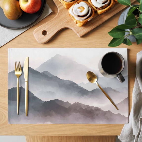 Mountain Peak Placemats Set of 8, Modern Mist Gray Black Gradient Fog Country Heat Insulated Linen Place Mats, Washable Stain-Proof Table Mats for Dining Tables Holiday Decor 13x19 Inches