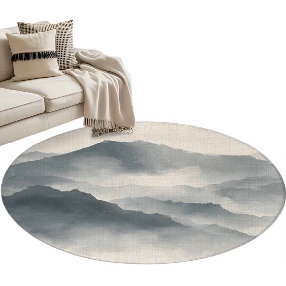 Mountain Peak Round Area Rugs 3 ft, Modern Mist Gray Ink Wash Gradient Fog Country Washable Small Area Rug with Non-Slip Sturdy Edge Binding Round Front Door Mat Floor Carpet for Entryway