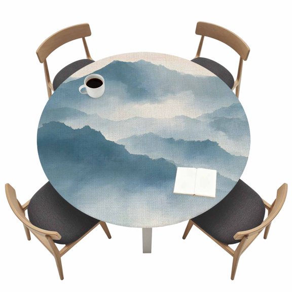 Mountain Peak Round Fitted Table Cover Modern Mist Teal Blue Ink Wash Gradient Fog Country Waterproof Table Cloth with Elastic Edge Wipeable Tablecloth for Picnic Camping Party Fits 36"-44" Tables