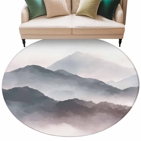 Mountain Peak Round Living Room Rugs 6 ft, Modern Mist Gray Black Gradient Fog Country Washable Area Rug with Non-Slip Sturdy Edge Binding Round Carpet for Kitchen Office Bedroom