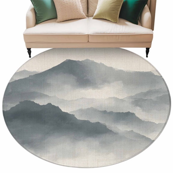 Mountain Peak Round Living Room Rugs 6 ft, Modern Mist Gray Ink Wash Gradient Fog Country Washable Area Rug with Non-Slip Sturdy Edge Binding Round Carpet for Kitchen Office Bedroom