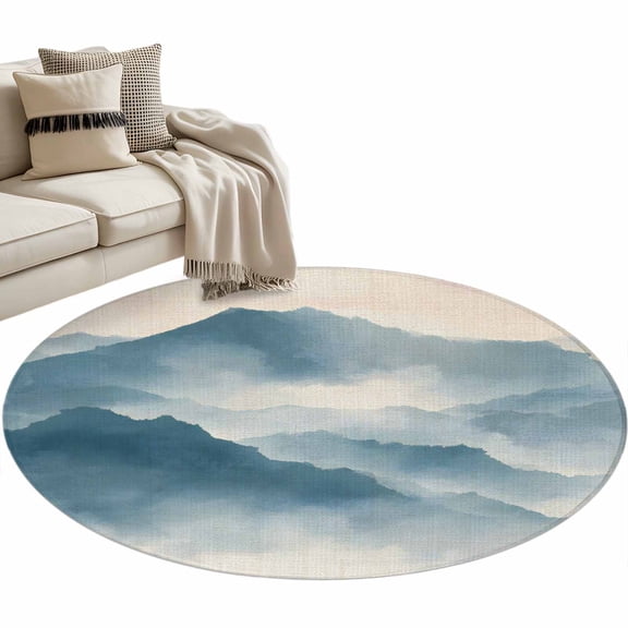 Mountain Peak Round Rug 3ft Washable Circle Entryway Rugs Non Slip Blue Beige Mist Zen Modern Nature Fantasy Area Rug Indoor Carpet for Bedroom Kitchen Living Room Home Office Dining Room Nursery