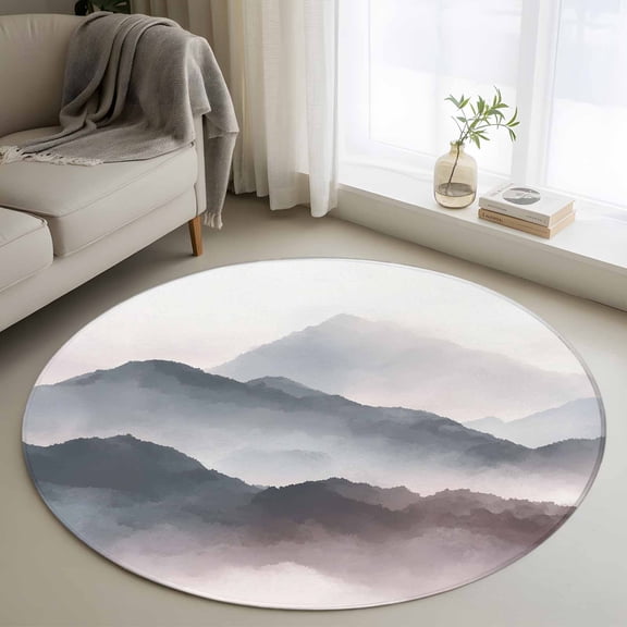 Mountain Peak Round Rug 4Ft Modern Mist Gray Black Gradient Fog Country Circle Area Rugs Washable Non Slip Indoor Floor Mats Carpet for Living Room Bedroom Dining Room Home Decor