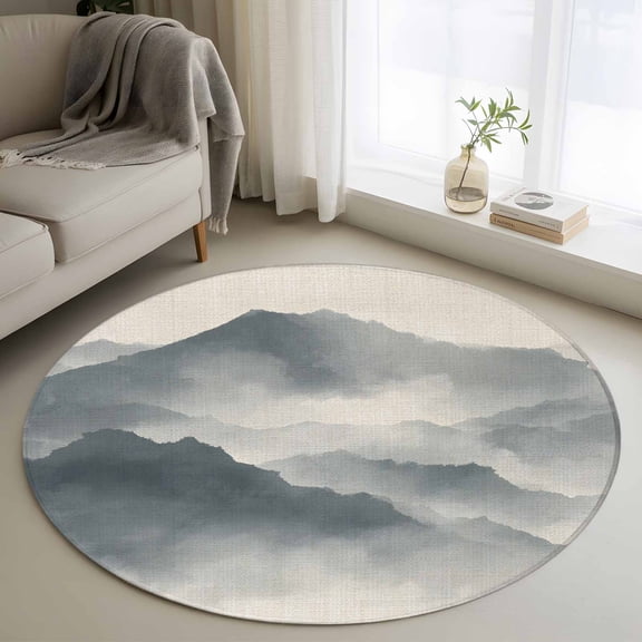 Mountain Peak Round Rug 4Ft Modern Mist Gray Ink Wash Gradient Fog Country Circle Area Rugs Washable Non Slip Indoor Floor Mats Carpet for Living Room Bedroom Dining Room Home Decor