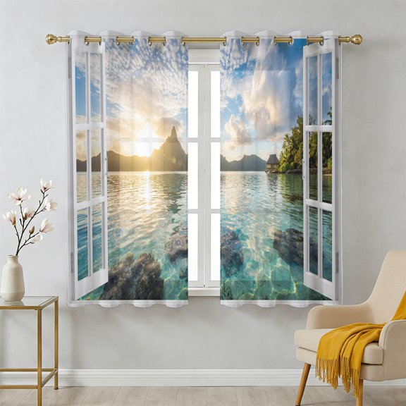 Mountain Peak Sheer Curtains 39 Inch Long 2 Panels, Summer Tropical Casement Window Sunset Sky Aqua Light Filtering Semi Sheer Drapes Grommet Voile Window Curtain for Living Bedroom W27.9 x L39
