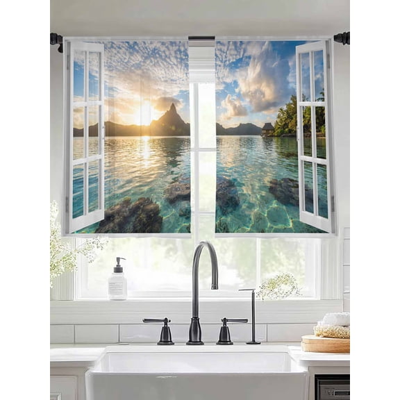Mountain Peak Sheer Curtains 54 inches Long, Summer Tropical Casement Window Sunset Sky Aqua Light Filtering Sheer Window Curtains Rod Pocket Voile Drapes for Bedroom Living Room, 2 Panels