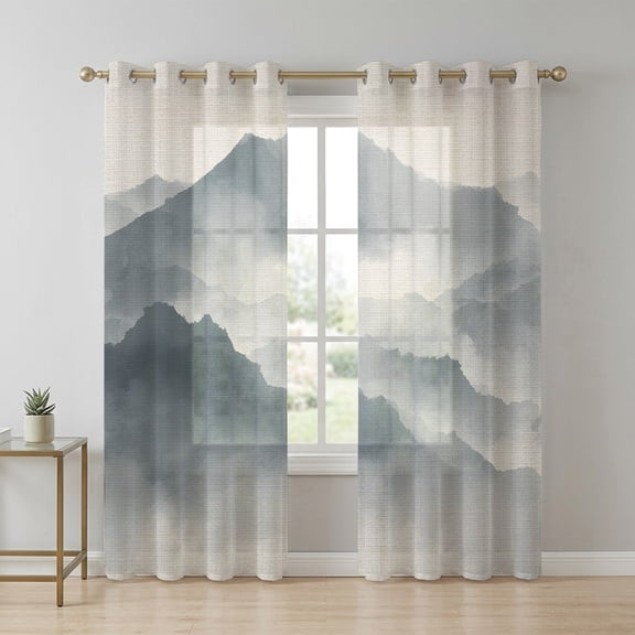 Mountain Peak Sheer Curtains 96 Inch Long 2 Panels, Modern Mist Gray Ink Wash Gradient Fog Country Light Filtering Semi Sheer Drapes Grommet Voile Window Curtain for Living Bedroom W52 x L96