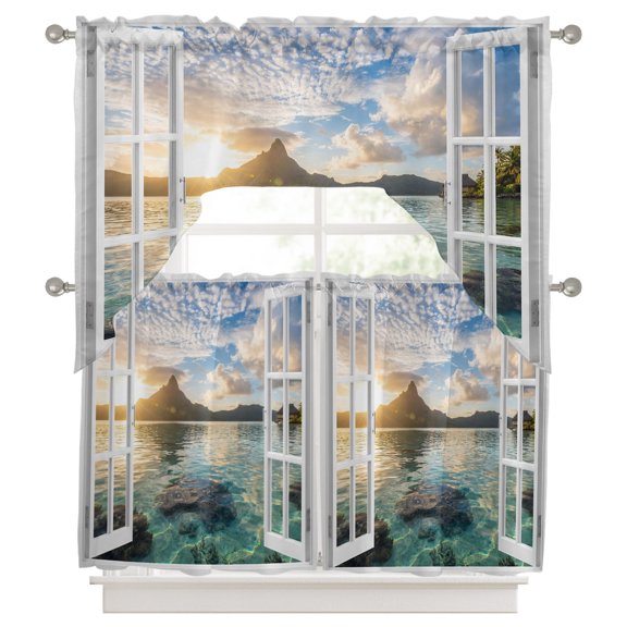 Mountain Peak Swag Curtains Valance and Tier Set, Summer Tropical Casement Window Sunset Sky Aqua Swag Curtains Drapes Rod Pocket for Kitchen Bathroom Small Window, 3 Pieces 56x36in+27.5x24*2