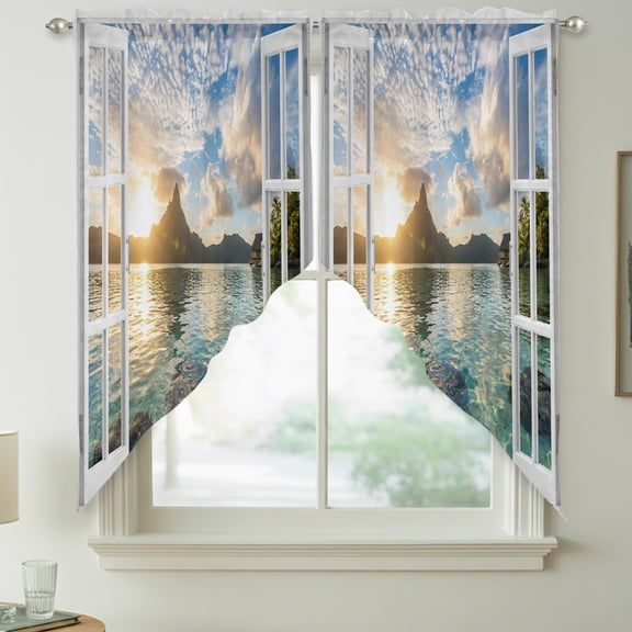 Mountain Peak Swag Kitchen Curtain Valances, Summer Tropical Casement Window Sunset Sky Aqua Rod Pocket Curtains Window Treatment Decor Valances for Bedroom Bathroom, 2 Panels 36 x 36 Inch