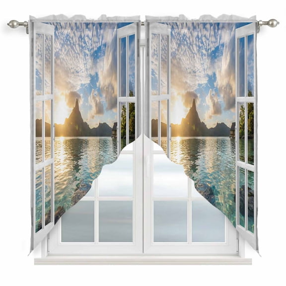 Mountain Peak Swag Valance Curtains Summer Tropical Casement Window Sunset Sky Aqua Rod Pocket Swag Curtains Small Window Treatments for Kitchen Bathroom Bedroom 36" W x 63" L, 2 Panels