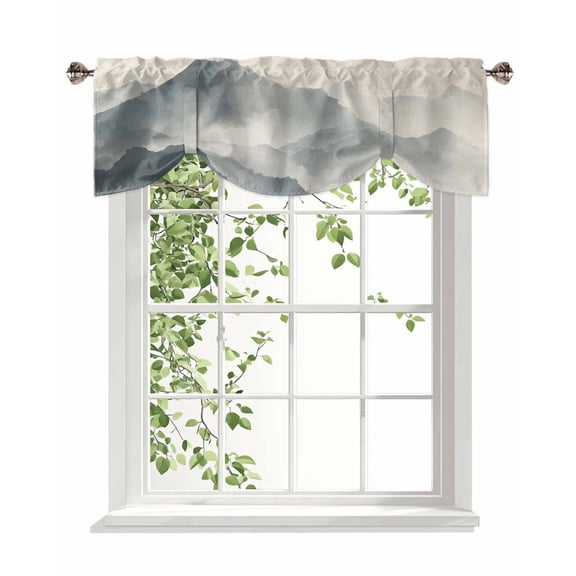 Mountain Peak Tie Up Valances Curtain, Modern Mist Gray Ink Wash Gradient Fog Country Adjustable Rod Pocket Window Treatment Short Tie Up Curtains Valances for Kitchen Bathroom 60x18 Inches