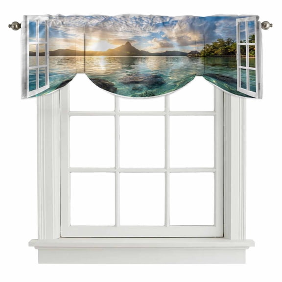 Mountain Peak Tie Up Valances Curtain, Summer Tropical Casement Window Sunset Sky Aqua Adjustable Valance for Window Light Filtering for Kitchen and Bathroom Rod Pocket 1 Panel 54x18in