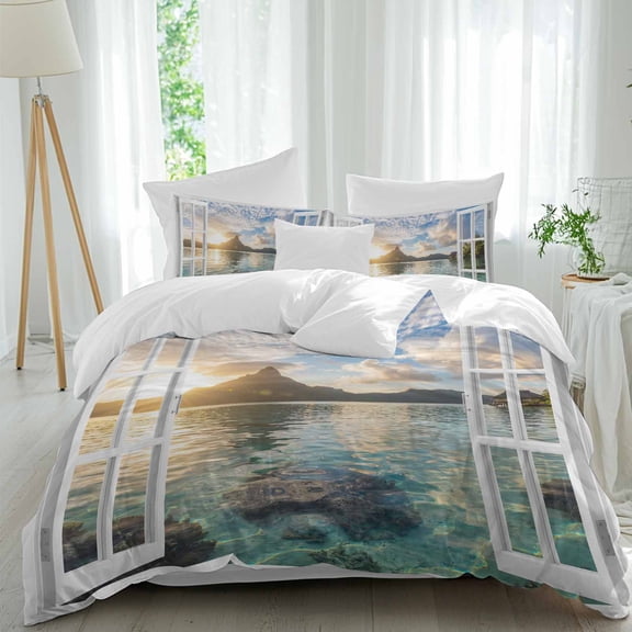 Mountain Peak Twin Duvet Cover Set, Summer Tropical Casement Window Sunset Sky Aqua 4 Piece Microfiber Bedding Set with Zipper Closure, Bed Sheet and 2 Pillow Shams, Soft Bedding Cover