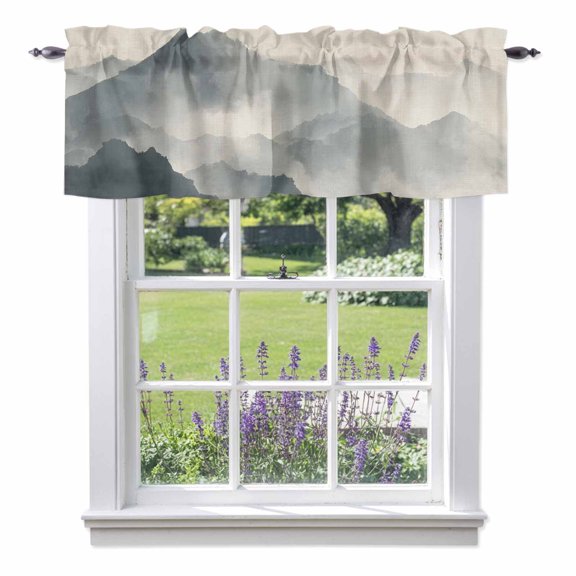 Mountain Peak Valances for Windows, Modern Mist Gray Ink Wash Gradient Fog Country Rod Pocket Valance Short Window Treatments Curtains for Kitchen Bathroom Bedroom Decor, 60 x 18 Inches
