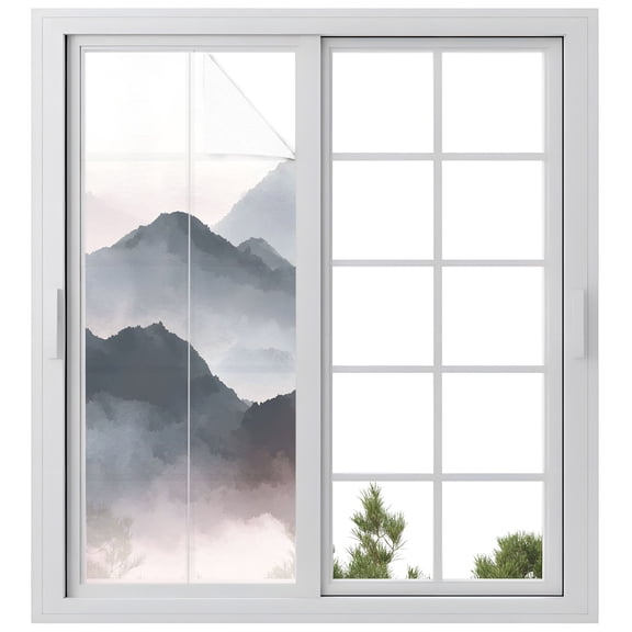 Mountain Peak Window Privacy Film, Modern Mist Gray Black Gradient Fog Country Frosted Glass Window Clings Static Cling UV Heat Blocking Reusable Door Sticker for Bathroom 23.6 x 59 Inch