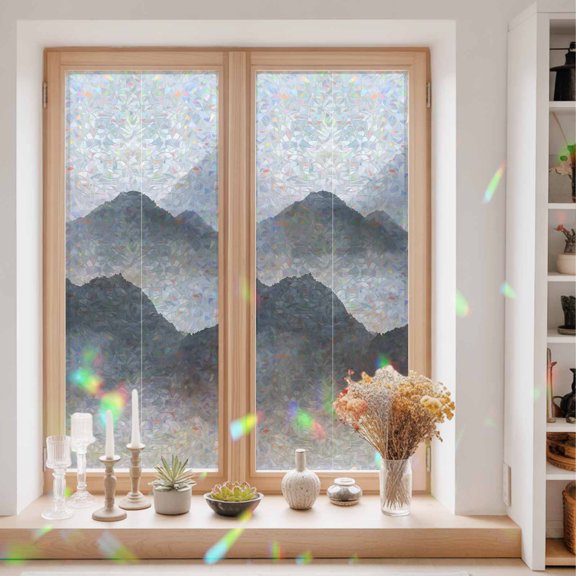 Mountain Peak Window Privacy Film Modern Mist Gray Black Gradient Fog Country Static Cling Stained Glass Window Film Non-Adhesive Decorative Decals Rainbow Sticker 23.6"X59"
